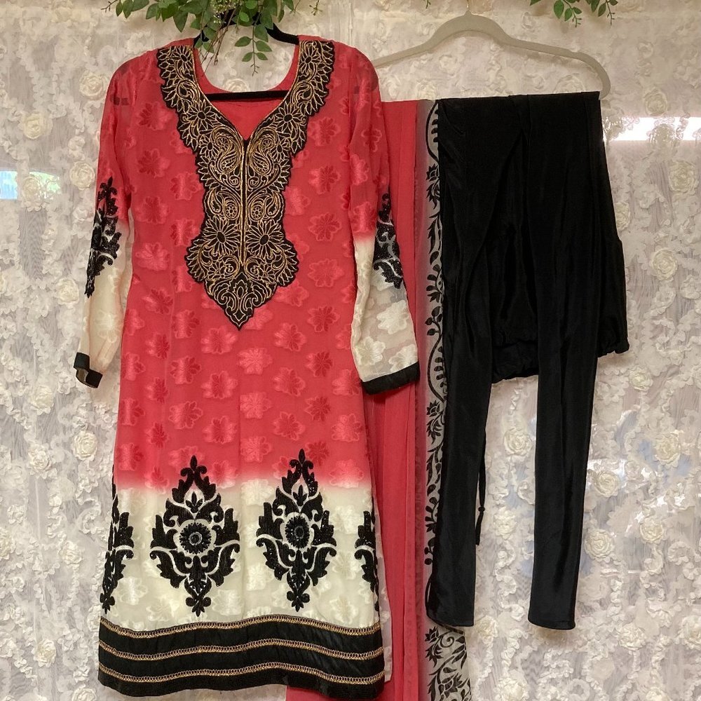 Pink, Black, & Cream Salwar Kameez Straight Suit